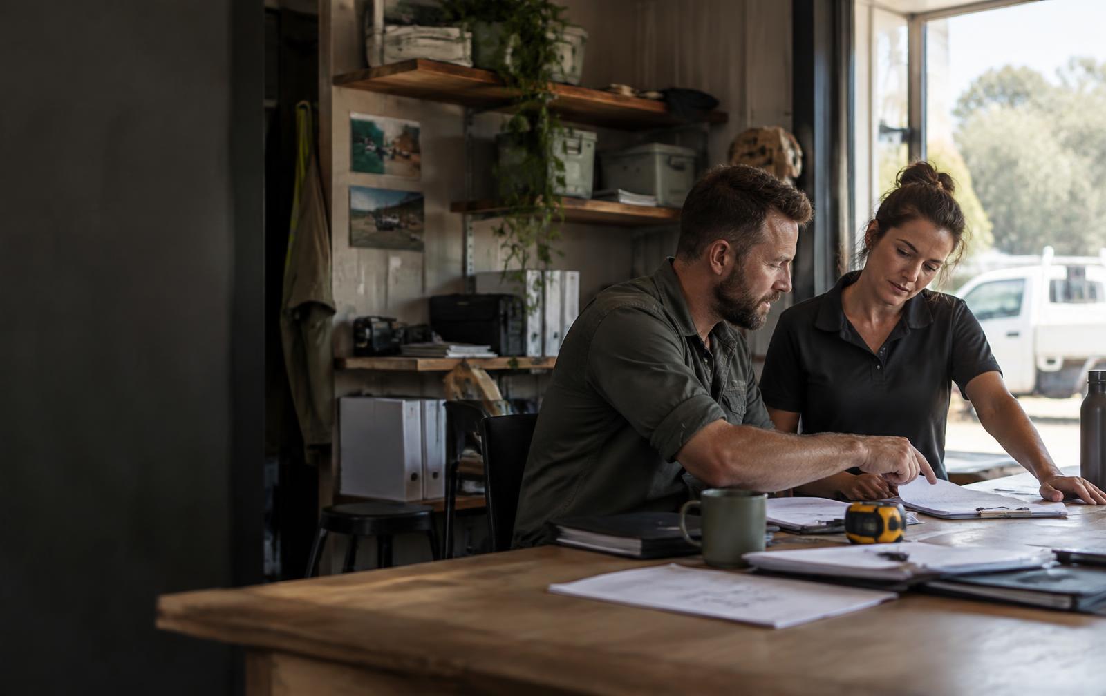 Australian business owners planning work together in a trade office